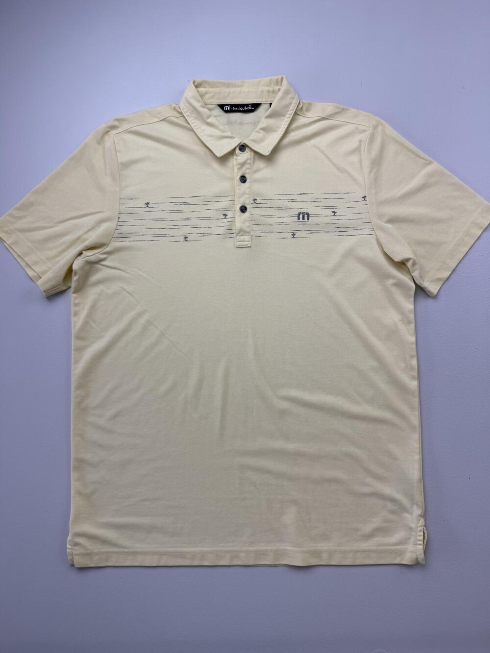 TravisMathew Polo Shirt Mens Large Yellow Palm Tree Golf Performance Knit